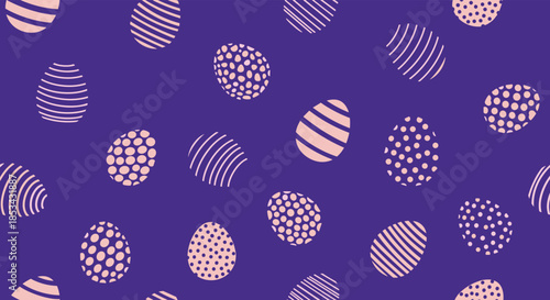 A seamless Easter pattern with stylized decorative eggs featuring dots and stripes in a simple two-color design on a purple background.