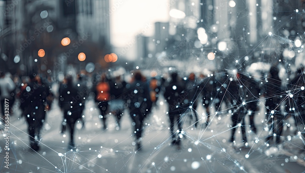 Obraz premium Urban street scene with blurry figures connected by digital network lights