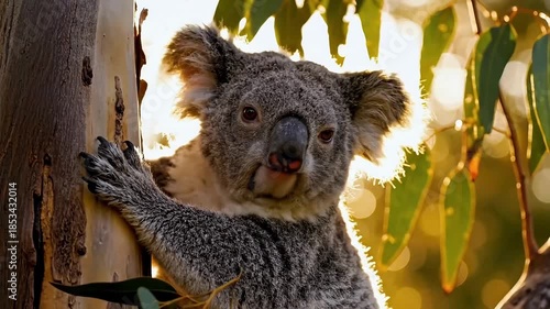 Adorable koala clinging to a eucalyptus tree trunk bathed in warm golden sunlight during sunset