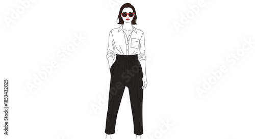 A minimalist fashion illustration of a chic woman in a white shirt, high-waisted black trousers, and red sunglasses.