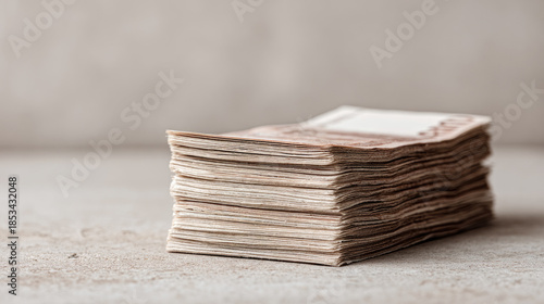 Stack of old banknote on concrete table, warm light, calm mood