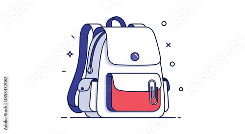A simple and modern line art illustration of a school backpack with clean lines and a pop of color, ready for class.