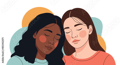 A tender portrait of two diverse women with closed eyes resting their heads together, symbolizing friendship, love, and support.