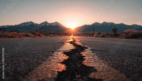 Cracked asphalt road leads to mountains at sunrise