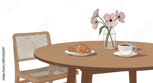 A peaceful and cozy cafe scene with a fresh croissant and a steaming cup of coffee on a wooden table next to a chair.