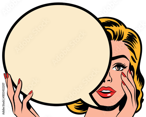 Woman with a speech bubble in a comic book style, ready to speak her mind.