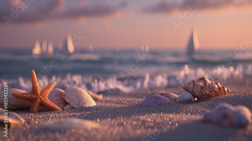 Serene beach sunset with starfish and sailboats. AI image