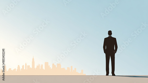 Silhouette businessman overlooking city skyline at sunrise