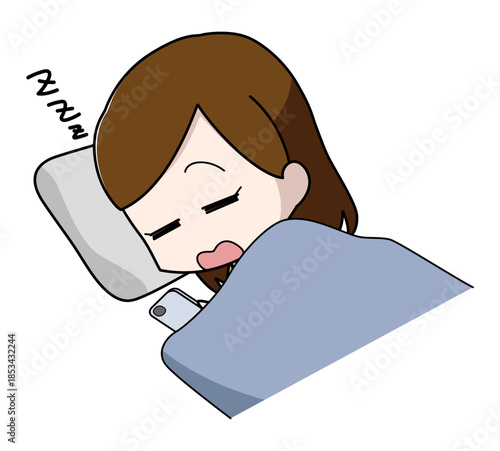 寝ながらスマートフォンを操作し寝落ちした女性のイラスト