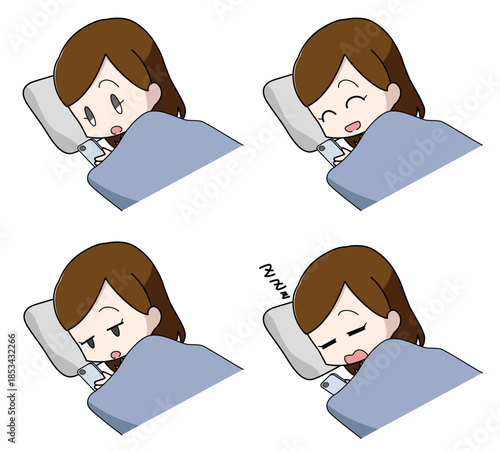 寝ながらスマートフォンを操作する女性のイラスト4種類セット