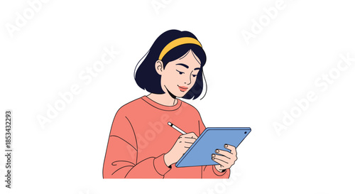 Minimalist illustration of a young woman with a headband writing on a digital tablet with a stylus on an isolated white background.