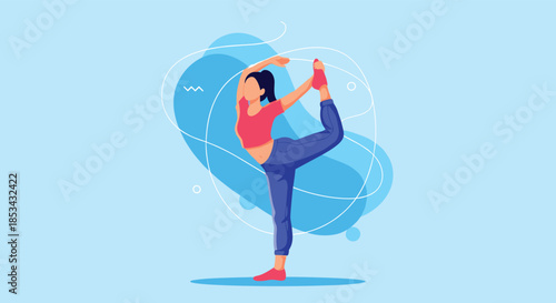 Young woman in sportswear practicing the Lord of the Dance yoga pose against a modern abstract blue background with fluid shapes.