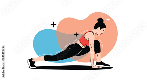 Woman in a red sports top and black leggings performing a low lunge yoga stretch with abstract shapes in the background illustration.
