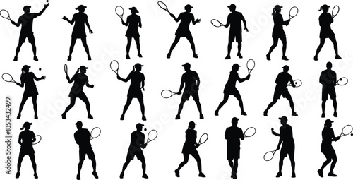 WebA comprehensive collection of twenty-one tennis player silhouettes in various dynamic poses serving, hitting, and returning the ball for sports activities vector art.