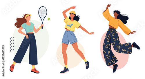 Set of three stylish young women in trendy casual outfits playing tennis, dancing, and jumping with joy in a modern illustration.