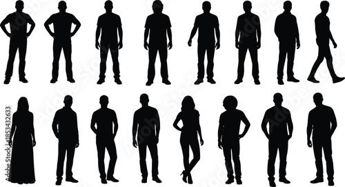 WebA diverse vector set of eighteen detailed human silhouettes including men and women in various standing, walking, and relaxed poses for architectural scale and graphic design projects.