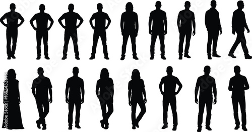 WebA large vector set of twenty diverse people silhouettes, including men and women in various standing, walking, and posing actions for graphic design and architectural projects.