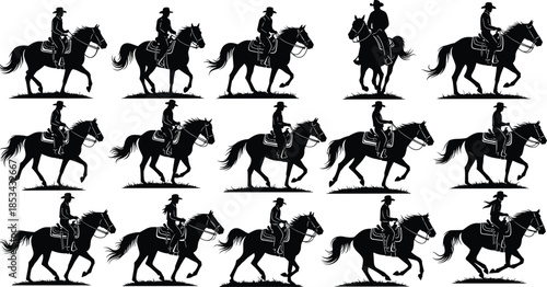 WebA vector collection of fifteen detailed silhouettes of cowboys and cowgirls riding horses in various running and trotting poses for western themes and equestrian sports.