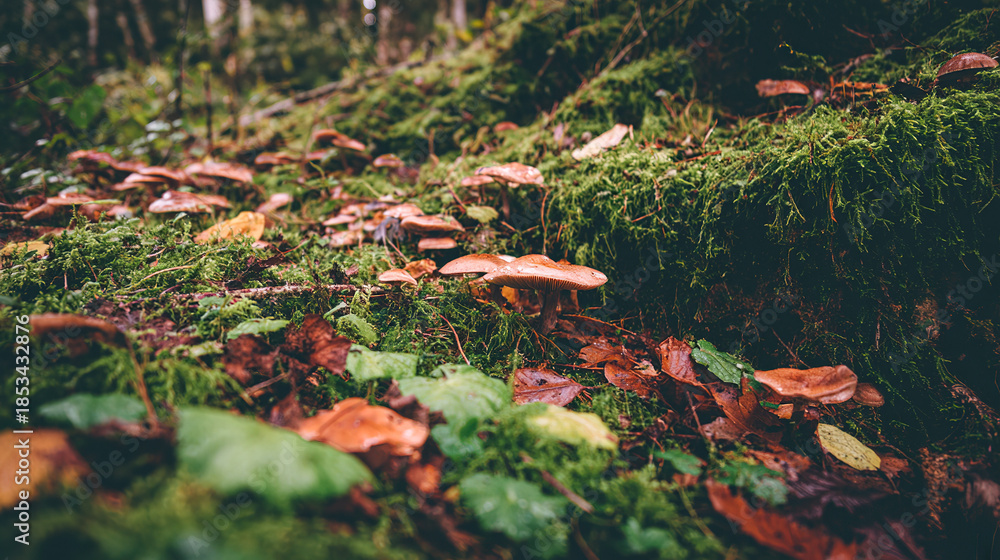 Obraz premium acculturation. Mushrooms growing on forest floor among moss and leaves under sunlight. gardening catalogs, home-decor guides, designed for gardening and botanical catalogs, celebrates nature. 