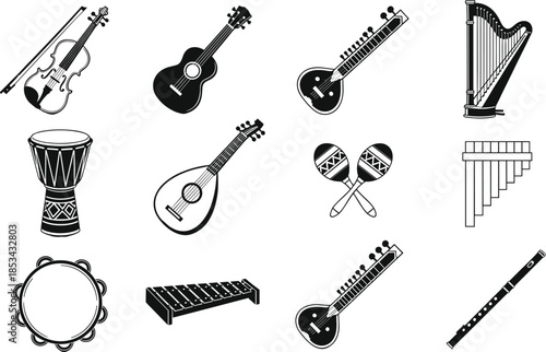 Black and white musical instruments icon set featuring string percussion and wind instruments for education studio orchestra folk music vector
