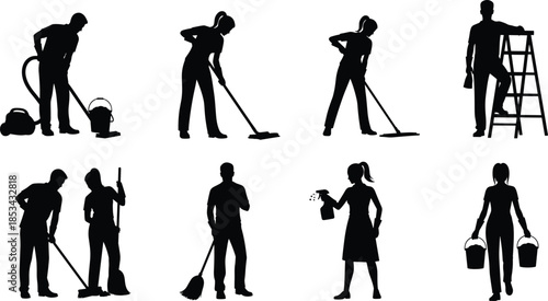 Cleaning service workers performing vacuuming mopping sweeping ladder tasks, black silhouette set for housekeeping, sanitation, maintenance industry concepts