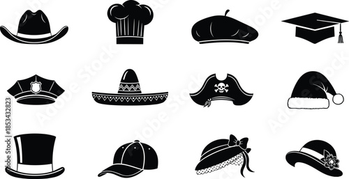 Collection of different hat silhouettes including chef, cowboy, graduation, pirate, police and fashion hats, black and white vector icons set