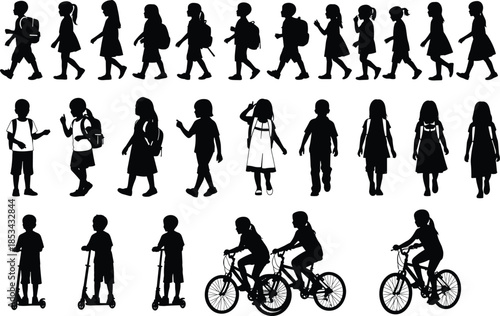Comprehensive vector silhouette set depicting diverse primary school children walking, running, carrying backpacks, riding bicycles, and kick scooters for educational and childhood graphic projects.