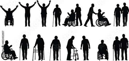 Comprehensive Collection of Elderly and Disabled People Silhouettes Engaging in Daily Activities Including Walking, Standing, and Using Mobility Aids like Wheelchairs and Walkers