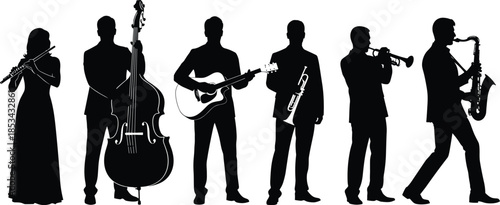 Complete vector silhouette set of diverse musicians playing jazz and classical instruments including flute, double bass, multiple guitars, trumpet, and saxophone, for musical posters and graphic