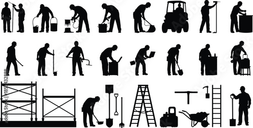 Construction workers performing drilling lifting digging machinery operations, black silhouette set illustrating industrial labor building tools heavy equipment activities services
