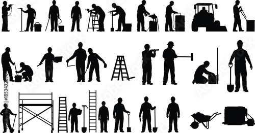 Construction workers performing drilling lifting digging machinery operations, black silhouette set illustrating industrial labor, building tools, heavy equipment, and worksite activities