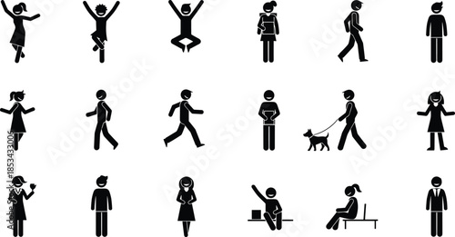 Human activity icons showing walking running jumping sitting dog walking gestures, black silhouette set for lifestyle behavior symbols and daily activity illustration