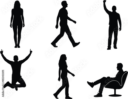 Human silhouette figures showing walking standing jumping sitting gestures, black icons set for lifestyle behavior actions and daily activity scenes