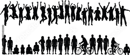 Large Collection of Silhouettes Depicting Happy Young Adults and Teenagers Jumping, Running, Standing, and Engaging in Various Active Outdoor Leisure Activities, Including Cycling