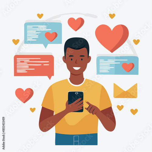 Man with phone sending messages with hearts and love icons for social media and online dating concept illustration