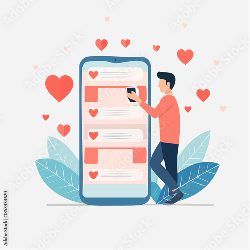 A man interacts with a mobile dating application on a large smartphone, surrounded by floating hearts, symbolizing online romance, digital connection, and the pursuit of love in the modern era