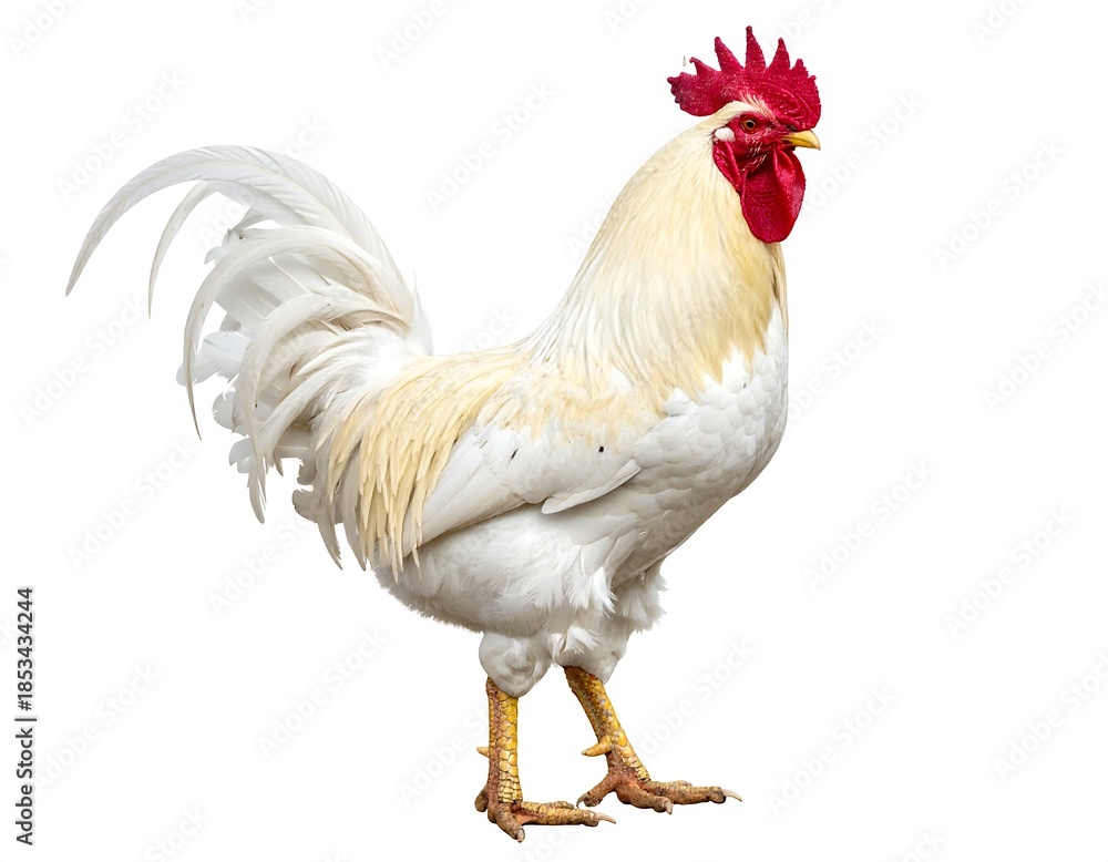 Fototapeta premium Regal rooster with white plumage and striking red comb isolated on white