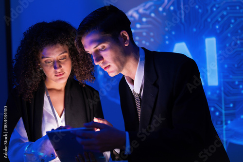 Professionals discussing artificial intelligence trends during a nighttime session in a modern office environment