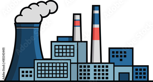 Industrial power plant illustration, factory buildings with cooling tower and chimneys, electricity generation facility, energy production concept, flat vector design