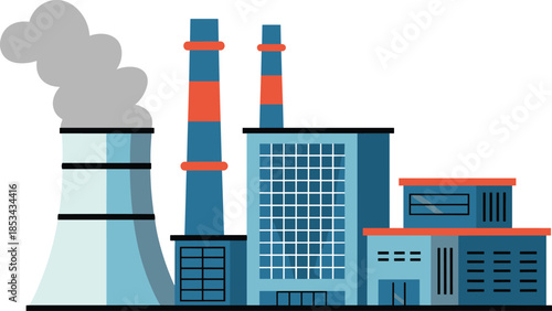 Industrial power plant illustration, factory buildings with cooling tower and chimneys, electricity generation facility, energy production concept, flat vector design