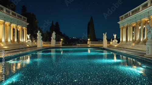 Neptune Pool at Hearst Castle, Morgan's design, the water replaced with shimmering, liquid starlight, classical statues carved from moonstone