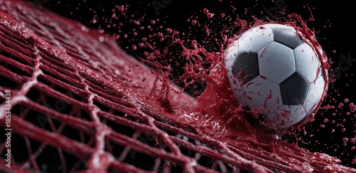 A soccer ball crashes through a net, splashing red liquid everywhere