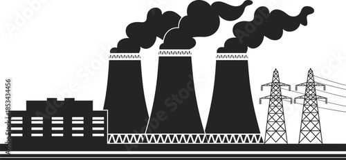 Industrial power plant silhouette illustration, smoking cooling towers and factory buildings, electricity generation infrastructure, pollution and energy industry concept