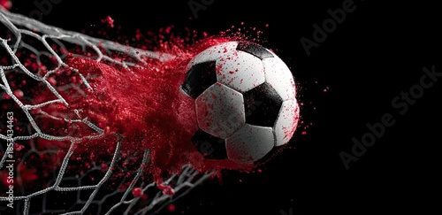Soccer ball bursts through net in a cloud of red, symbolizing a powerful goal