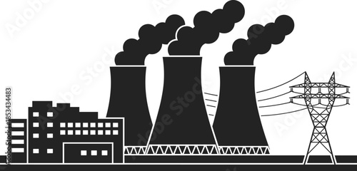 Industrial power plant silhouette illustration, smoking cooling towers and factory buildings, electricity generation infrastructure, pollution and energy industry concept