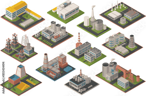 Isometric industrial factory buildings illustration set, manufacturing plants power stations warehouses, heavy industry infrastructure, production facilities, vector design collection