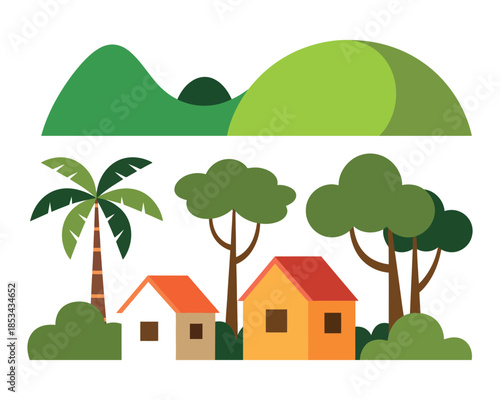 Green hills overlook a tropical village with trees and houses.