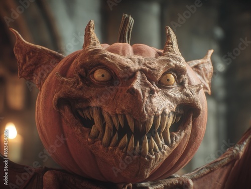 Pumpkin creature with menac...