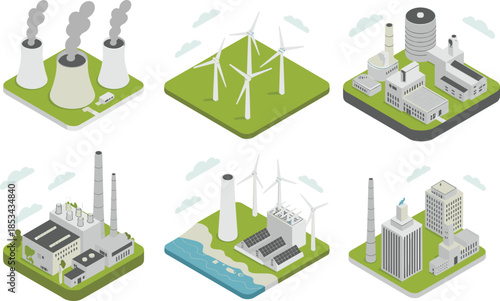 Isometric power generation plants illustration set, nuclear wind thermal energy facilities, electricity production industry, sustainable and industrial energy concepts