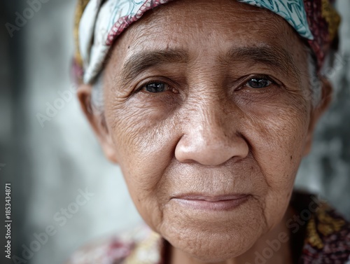 Elderly woman gazing direct...